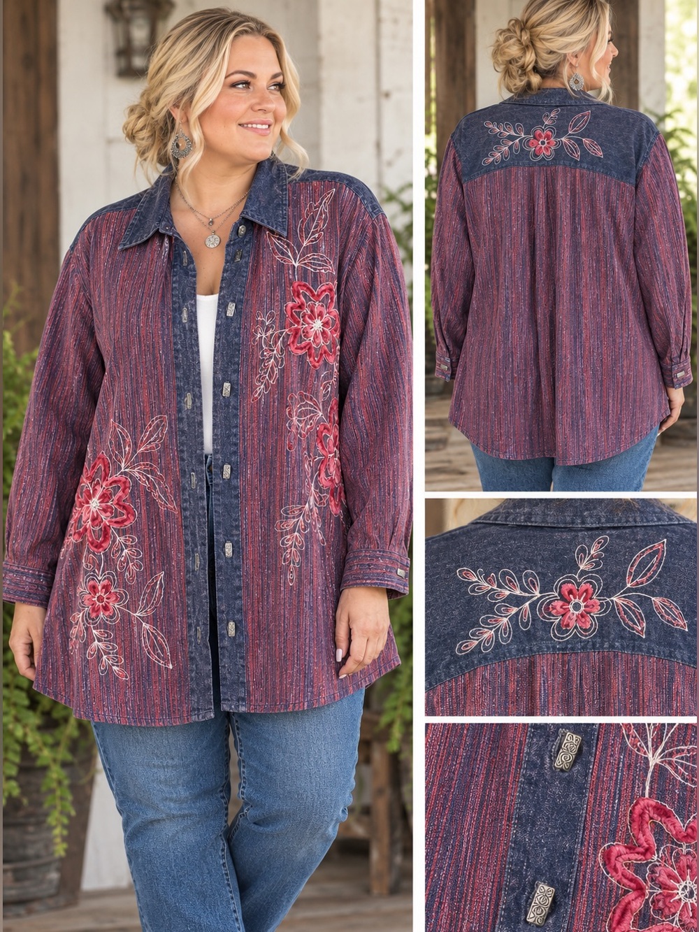 Handcrafted Artisan Wearable Art Denim Embroidered Shirt Jacket Folk Art